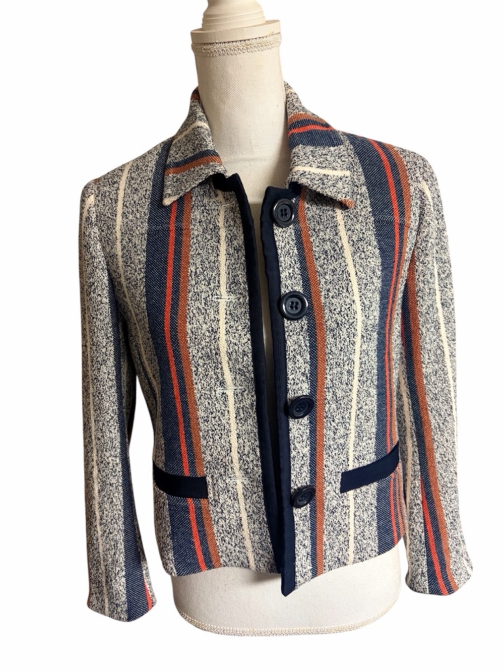 Ann Taylor Womens Navy & Cream Striped Button Jacket